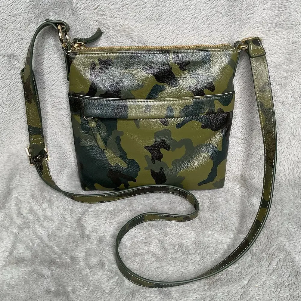 Mark & Graham Camo Leather Crossbody Bag Green Black Gold Accents Purse